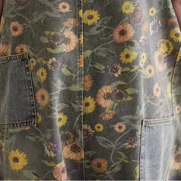 Women Print Floral Denim Overalls Casual Loose Size M Jumpsuit Wide Leg Pants - Picture 12 of 15